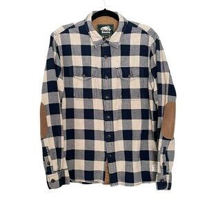 ROOTS Canada Park Plaid Flannel Buffalo Check Button Down Shirt Tan Navy Blue M